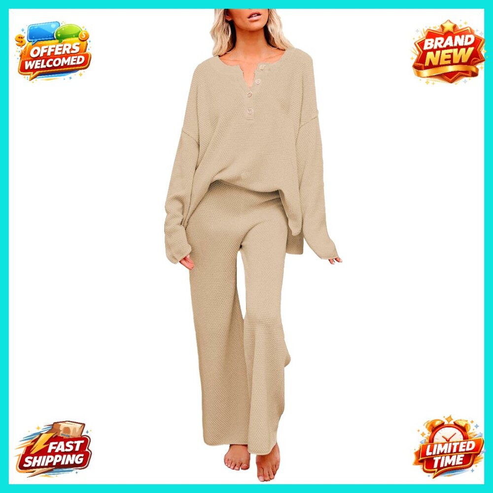 Long Sleeve Button Pullover Sweater & Wide Leg Pants Lounge Set